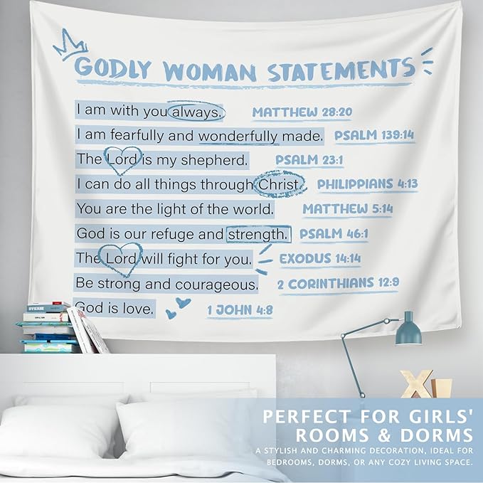 LIANGW Blue Bible Verses Christian Tapestry, Based Blue Room Decor Aesthetic, Inspirational Christian Tapestry for Women, Bible Aesthetic for Girls Bedroom for Dorm Room 50x60 Inch