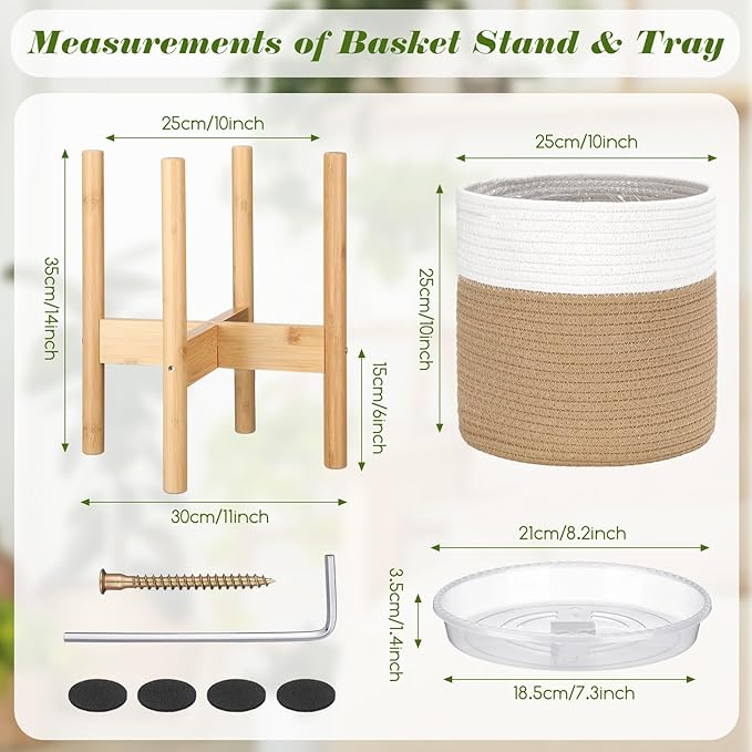 Plant Basket with Stand Indoor Planter Pot Holder Sturdy Jute Rope Modern Woven Basket, Cotton Rope Woven Pot with Bamboo Stand(White and Yellow,10 Inch)