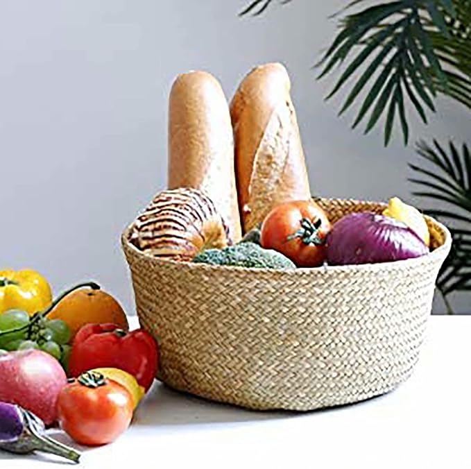 2 Pack Hand Woven Seagrass Plant Basket for Succulents,Boho Belly Plant Basket Home Storage Basket Extra Large Woven Straw Beach Bag Seagrass Flower Plant Container Modern Home Decor(Brown)