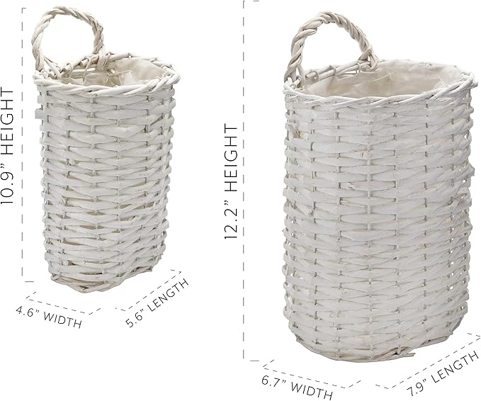 AuldHome Design Wall Hanging Baskets (White, Set of 2); Woven WIcker Rustic Farmhouse White Washed Door Baskets, Small and Medium Size