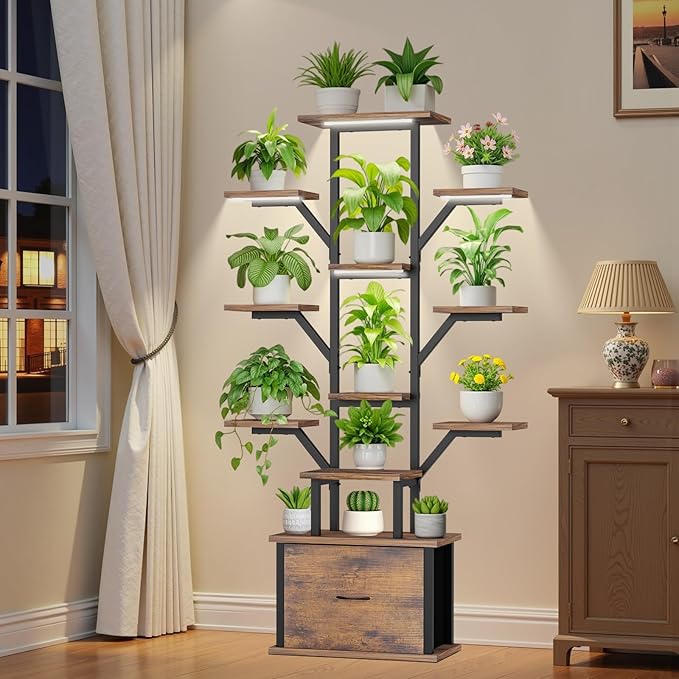 Plant Stand Indoor with Grow Lights - 12 Tiered Metal Plant Shelf with Drawer, 65" Large Plant Stand for Indoor Plants, Holds 16 Plant Pots, Flower Holder Plant Rack for Living room, Patio, Bedroom