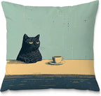 Black Cat Throw Pillow Covers 18x18, Aesthetic Black Cat Art Painting Decor Pillow Covers, Vintage Cats Drinking Coffee Decor for Room Bedroom