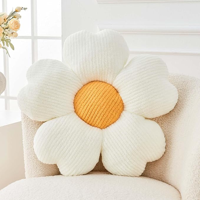 Flower Throw Pillow, Cute Flower Shaped Pillow Decorative Throw Pillow for Bed Couch, Soft Daisy Pillows Floor Seating Cushion Cushions (14.9 Inch White+Yellow)