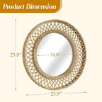 Round Rattan Wall Mirror – 24x24 Inch Boho Elegance with Woven Frame, Decorative Mirror for Bathroom Vanity Entryway Living Room
