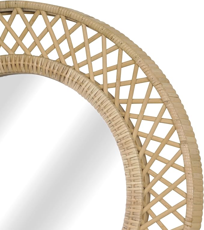 Round Rattan Wall Mirror – 24x24 Inch Boho Elegance with Woven Frame, Decorative Mirror for Bathroom Vanity Entryway Living Room