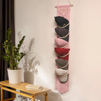 Ball Cap Hanger-1 Pack-Boho Macrame Cap Holder Wall Hat Organizer for Baseball Cap Holder Over Door, Hat Rack for Wall, Cap Rack for Decoration and Display(Pink)