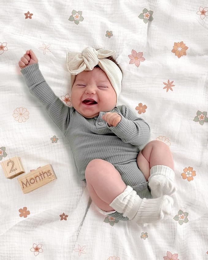 meowcards Muslin Swaddle Blankets for Baby, Unisex Baby Boys Girls Essentials, Large 47 x 47 inches, Boho Receiving Blankets Newborn Registry Must Haves (Sage & Flower-B, Printed)