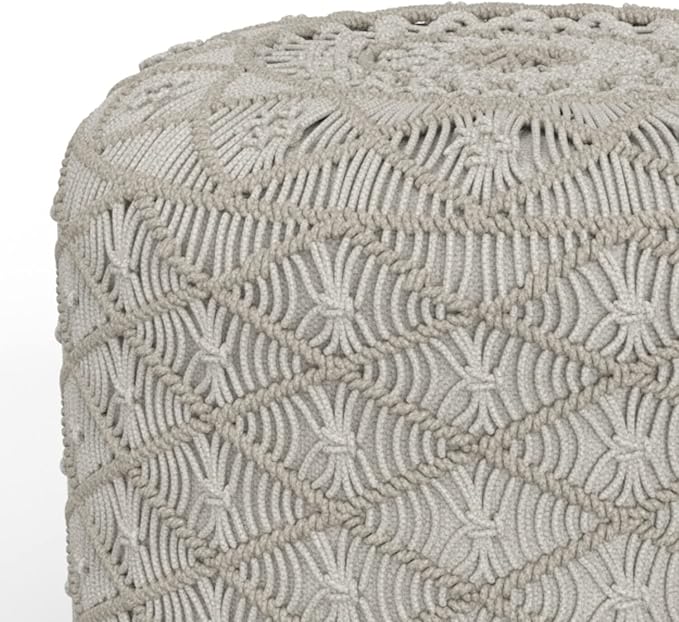 SIMPLIHOME Coates Contemporary Round Macrame Pouf in Cloud Grey Cotton for the Living Room, Bedroom and Kids Room