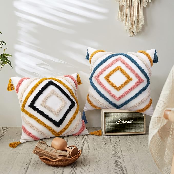 JASEN Throw Pillow Covers 20x20, Boho Pillow Cover with Tassels Woven Tufted Decorative Pillow Cover for Couch Sofa Bedroom Living Room (Blue, 20"x20")
