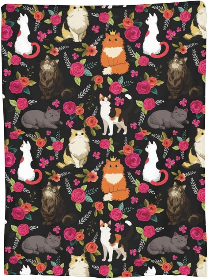 Cat Flower Throw Blanket Soft Flannel Blanket 60"x50" in Bed Blanket Home Decor for Room Sofa Couch All Season