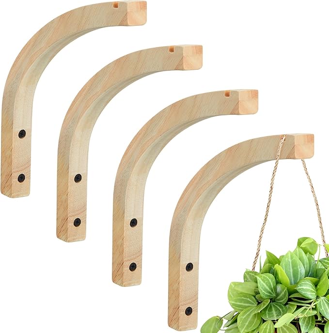 Juexica 4 Pcs Plant Hanger Wooden, 8 Inch Hanging Plant Hooks for Indoors and Outdoor, Wall Mounted Hanging Hook Brackets for Planters Lanterns Wind Chimes and Bird Feeders Patio Decor(Wood Color)