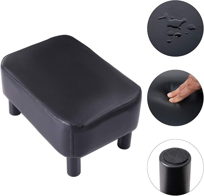 IBUYKE 16.54" Small Footstool, PU Faux Leather Step Stool, with Padded Seat Pine Wood Legs and Padded Rectangular Stool, for Bedroom, Black RF-BD210
