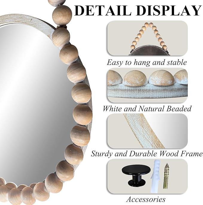 POZINO Wood Beaded Mirror, 20" Boho Round Mirror for Wall, Farmhouse Hanging Rustic Mirrors with Rope, Spherical Frame Circle Mirrors for Bathroom Bedroom Living Room Hallway Fireplace