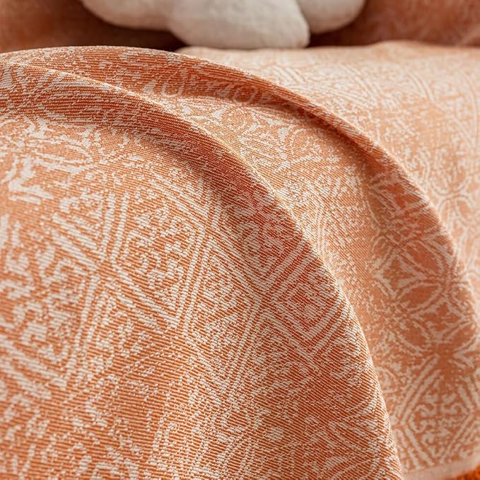 ROOMLIFE Orange Couch Cover Boho Sofa Covers for 3 Cushion Couch Washable, Furniture Protector Sofa Couch Cover for Dogs, Soft Breathable Sofa Slipcover, Couch Throw Blankets with Tassels 71''X134''