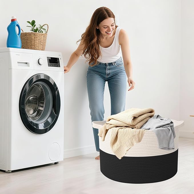 90L Large Blanket Basket,21.7"L x 21.7"W x 13.8"H Rope Woven Baskets with Handles, Toys Storage Bins,Laundry Basket Perfect for Living Room, Nursery,Bedroom,Home Organization,White&Black