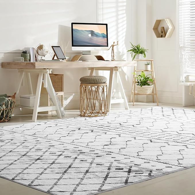 Lessymo Washable Area Rugs 6x9 for Bedroom Living Room Kitchen, Ultra-Soft Faux Wool Geometric Area Rug with Non-Slip Rubber, Kid & Pet Friendly, Geometric Grey