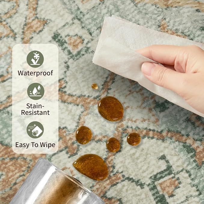 4x6 Rug for Living Room Bedroom, Green Washable Throw Rugs, Vintage Retro Boho Area Rugs, Non Slip & Low Pile Accent Throw Carpet for Indoor Dining Room, Kids Room and Office(Green 4x6ft)