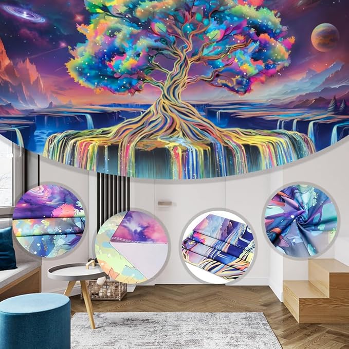 Obsecolors Blacklight Tree of Life Tapestry UV Reactive Waterfall Tapestry Galaxy Space Tapestries Aesthetic Tree Wall Art Colorful Starry Sky Tapestries Wall Hanging for Bedroom