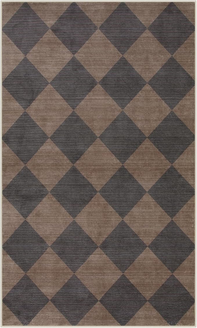 Beeiva Checkered Print Entry Rug 3x5, Non Slip Washable Kitchen Rug 3x5 Stain Resistant Ultra Thin Bathroom Decor, Neutral Geometric Carpet for Bedroom Living Room Office (Brown/Black)