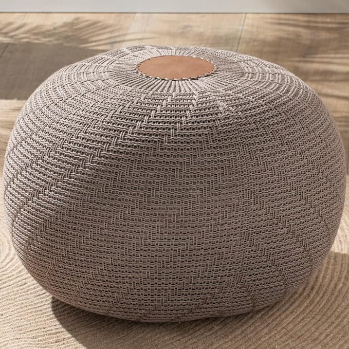English Home Large Ottoman Foot Stool, Knitted Foot Rest, Round Pouf Chair, Modern Living Room Furniture Bean Bag, Room Decor, Bedroom Footstool, Boho Pouffe, Home Decor Poof, 20" W x 15" H, Brown