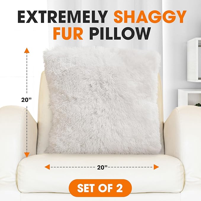 Cheer Collection Throw Pillows for Couch and Bed, Soft Shaggy Throw Pillows with Inserts Included, Cozy Long Hair Faux Fur Pillows - Set of 2-18" x 18" - White