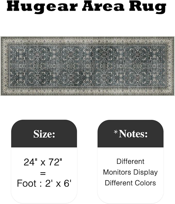 HUGEAR 2x6 Runner Rug Vintage Black Machine Washable Retro Floral Hallway Low Pile Carpet Vacuumable Distressed Long Throw Rug Bedroom Office Bathroom Kitchen Laundry Non Slip Soft Lightweight
