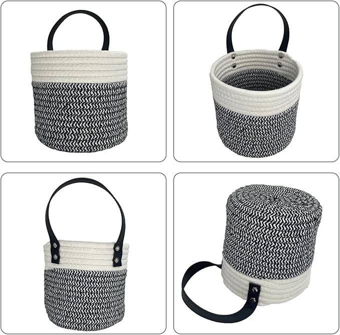 Cotton Rope Hanging Baskets for Organizing 2 Pcs Round Small Wall Basket with Handles Woven Organizer Storage Basket for Kitchen Bedroom Living Room Office(6”x6”, Black & White)