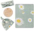 BabyWhale Muslin Swaddle Blanket with Hat and Headband Bow, Daisy Pattern Swaddle Set for Baby Boys & Girls, Soft Receiving Blanket, 47x47 inches, Green