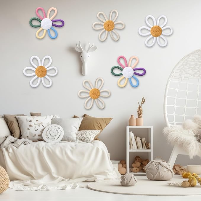 Ripeng 6 Pcs Boho Nursery Decor Flower Daisy Wall Art 6 Inch Woven Macrame Wall Hanging Bohemian Flower Decor Daisy Nursery for Baby Girls Kids Home Bedroom(Stylish Color)