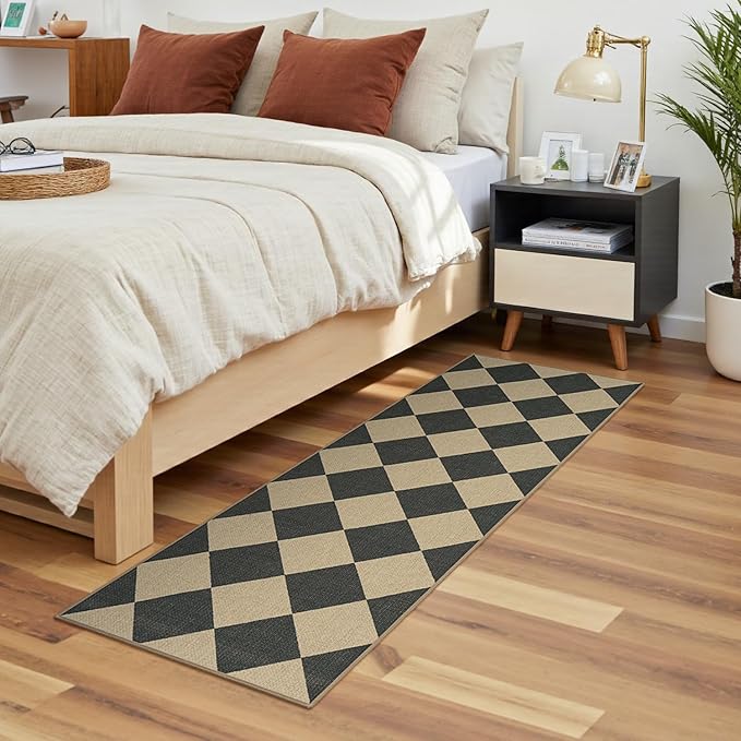 Lessymo Kitchen Runner Rug 2x6, Checkered Jute Rug Washable Non Slip for Entryway Hallway, Farmhouse Diamond Bedside Rugs Indoor Outdoor Carpets for Patio Porch, Black/Beige