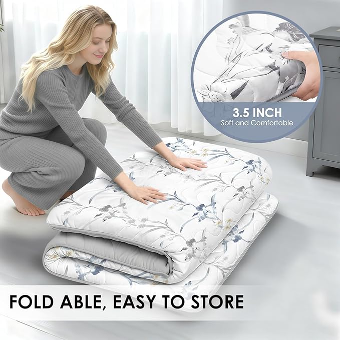 Japanese Floor Mattress, 3.5" Thicken Ink Wash Floral Pattern Portable Futon Mattress, 100% High-Density Foam Tatami Mat Sleeping Pad for Camping Guest Room Dormitory RV, White, Full