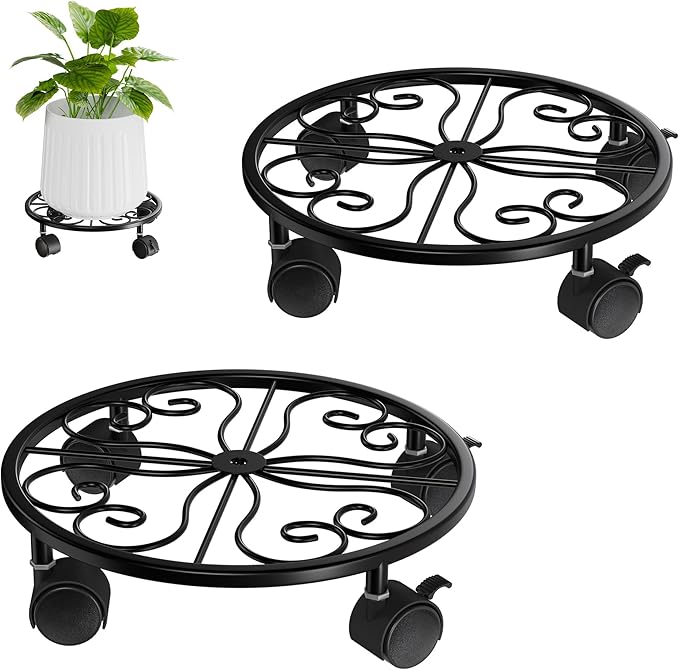 10.24" Plant Stand with Wheels - 2 Pack Plant Caddy, 360 °Rotatable and Lockable Plant Rollers, Easy to Move, Plant Tray with Casters for Indoor Outdoor Wine Cellar.