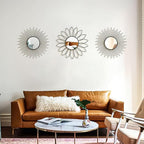 3 Pack Metal Mirrors for Wall Sunburst Wall Mirrors Home Décor Decorative Hanging Wall Art for Living Room Bedroom Entryway (Black2, Flower+Sunburst)