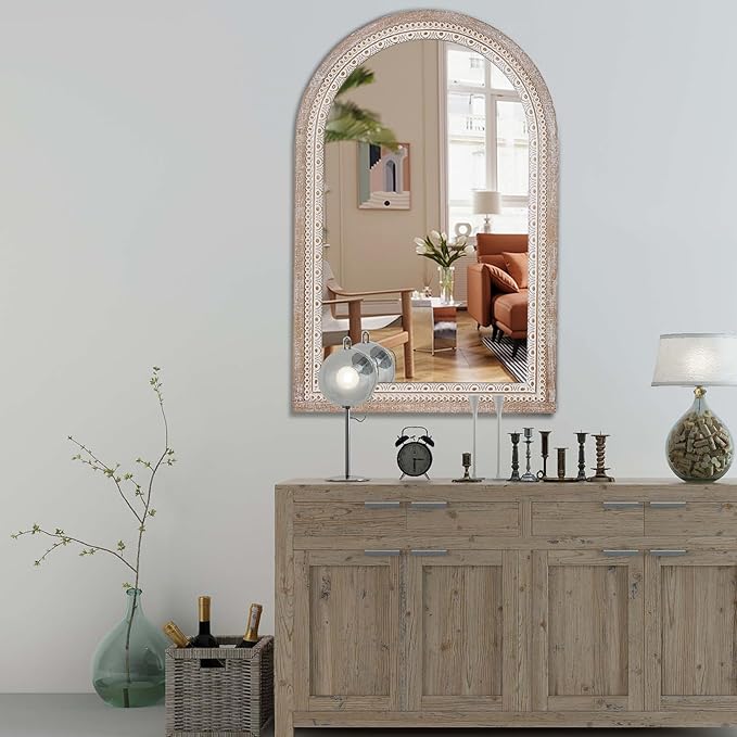 36x24 Inch Farmhouse Wooden Arched Wall Mirror, Distressed Rustic Frame with Beaded Boho Detail, Arch Decorative Mirror for Bathroom, Living Room, Entryway