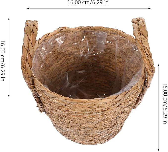 GALPADA Braided Straw Flowerpot Basket with Handles, 16cm Diameter Handmade Planter for Indoor Plants, Boho Retro Style Plant Basket for Home Décor and Greenery
