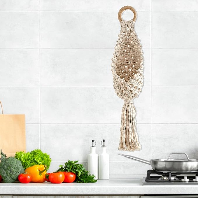 Macrame Plant Hangers, Hand Woven Wall Hanging Bohemian Jute Fruit Vegetable Basket Cotton Rope Hanging Planter Basket for Flower Pot Patio Plant Holder