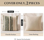 ANRODUO Pack of 2 Boho Decorative Throw Pillow Covers 24x24 Farmhouse Cushion Case Striped Chenille Pillow Cases Square Pillow Covers Accent Neutral Pillowcase for Sofa Couch Bed, Olive Green Stripe