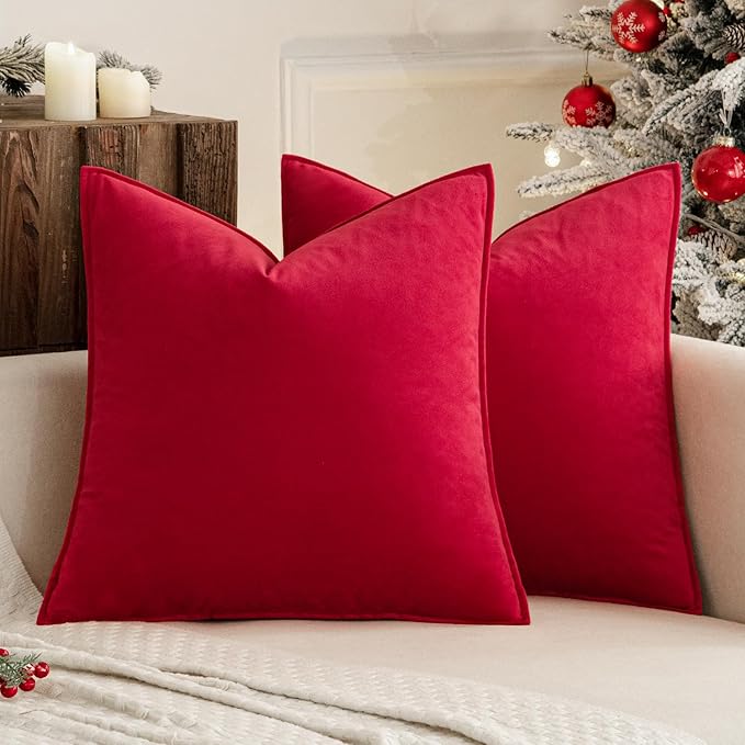 MIULEE Red Velvet Throw Pillow Covers 18x18 Soft Decorative Solid Square Cushion Cases Pack of 2 Modern Luxury Home Decor for Couch, Sofa, Bedroom