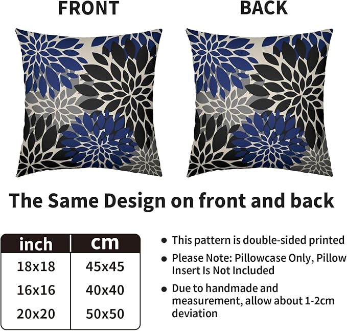 Black Navy Blue Pillow Covers 16X16 Inch Set of 2, Spring Summer Floral Dahlia Flower Cream Decorative Throw Pillow Covers Outdoor Modern Farmhouse Cushion Case for Home Couch Sofa Bed Decor