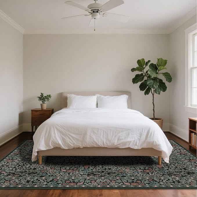 6x9 Washable Area Rugs for Living Room, Stain Resistant Vintage Rugs for Dining Room Under Kitchen Table, Bedroom, Floral Low Pile Non-Slip Large Carpet (6 x 9 Dark Green)