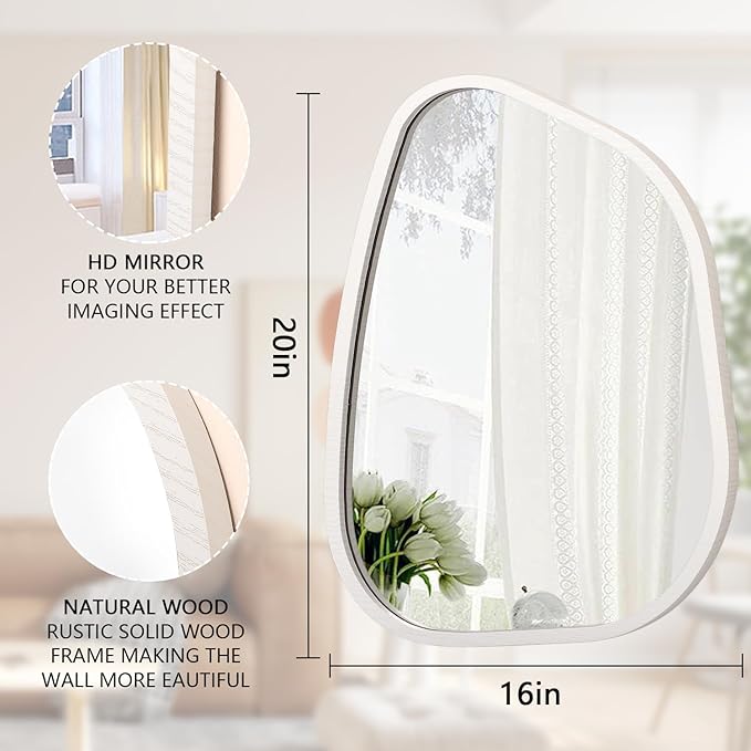 Irregular Wooden Framed Wall Mirror Modern Asymmetrical Unique Hanging Mirror Artistic Boho Mirror Decor Bathroom Vanity Bedroom Living Room Entryway Hallway 20"x16"