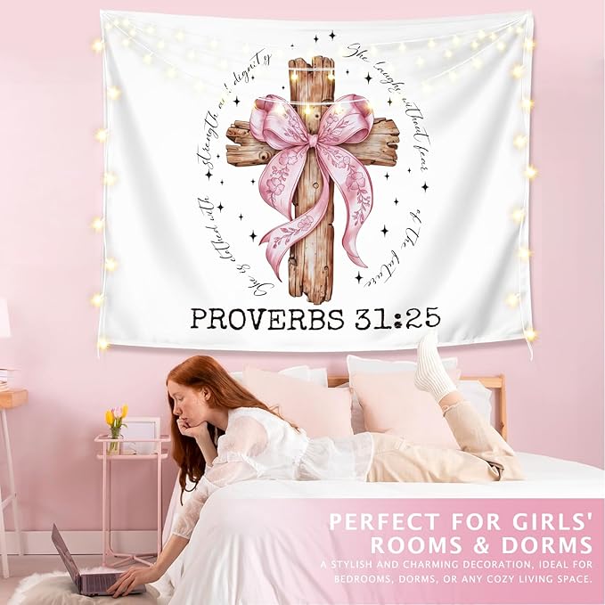 LIANGW Coquette Pink Bow Christian Tapestry Wall Hanging, Coquette Preppy Room Decor, Proverbs 31 Woman Gifts, Bible Verse Wall Blanket Decor for Girls Room Dorm Apartment, 50x60 Inch