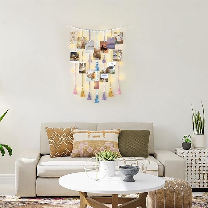 Mkono Macrame Hanging Photo Display Wall Decor with String Lights Boho Room Bedroom Wooden Beads Garland Picture Greeting Cards Holder with 30 Clips