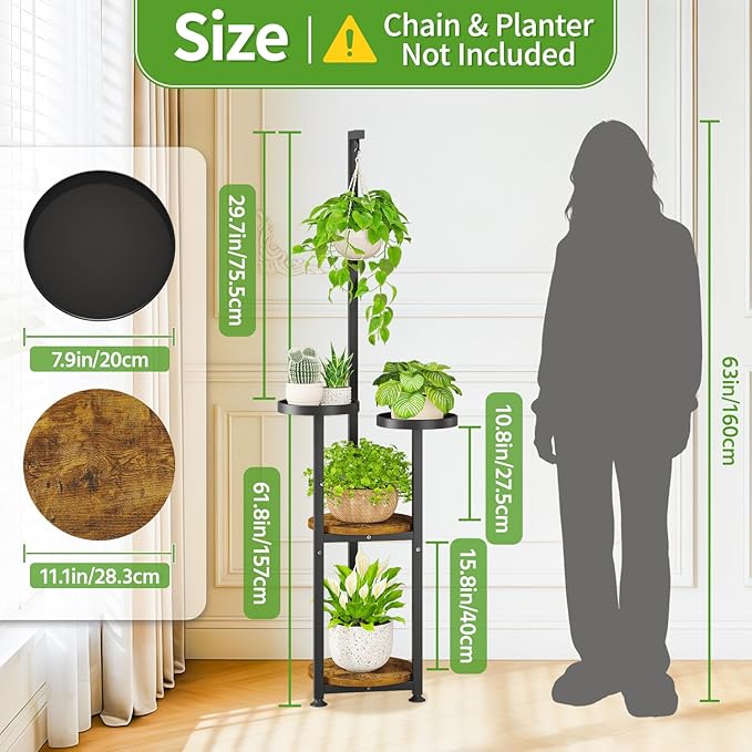 KMOTASUO Black 4 Tier Plant Stand Indoor with Hanging Ring, Tall Large Heavy Duty Metal and Wood Vertical Rack for Multiple Planter, Sturdy Rustic Corner Flower Shelf Holder Organizer for House Patio