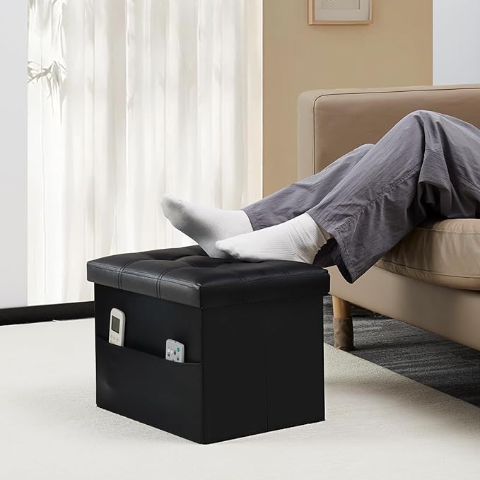 Storage Ottoman Foot Rest Stool, Small Leather Storage Ottomans Bench, Folding Footstool with Side Pockets, Foot Rest Under Desk for Living Room Bedroom, 16x12x12 in, Black 2 Pack