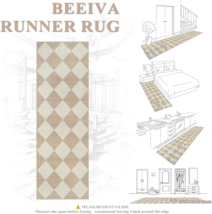 Beeiva Checkered Print Rug Runners for Hallways Non Slip 2.5x8, Ultra Thin Beige Kitchen Runner Rugs Non Skid Washable, Classic Neutral Gingham Decor Faux Wool Carpet for Bathroom Bedroom Entryway