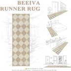 Beeiva Checkered Print Carpet Runners for Hallway 12ft, Beige Neutral Washable Long Hallway Runner Rug 2.5x12, Moroccan Gingham Diamond Carpet Ultra Thin Faux Wool Rug for Kitchen Decor