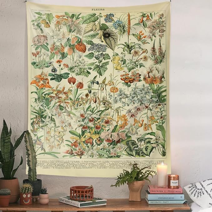 Vintage Flowers Tapestry 48”x36”, Long Vertical Wall Hanging Reference Illustrative Botanical Tapestries for Bedroom Aesthetic Floral Tapistry Botanical Plants Tapestry Wall Hanging Cute Bedroom Decor