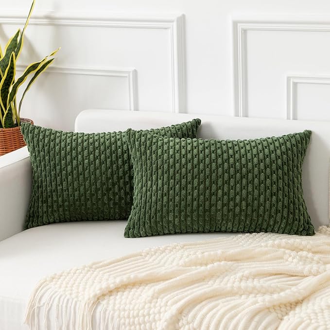 Kevin Textile Spring 12x20 Inch Pillow Cover 1 Pack Boho Decorative Soft Striped Corduroy Lumbar Farmhouse Solid Color Accent Rectangle Cushion Case for Living Room Couch Sofa Bed, Moss Green