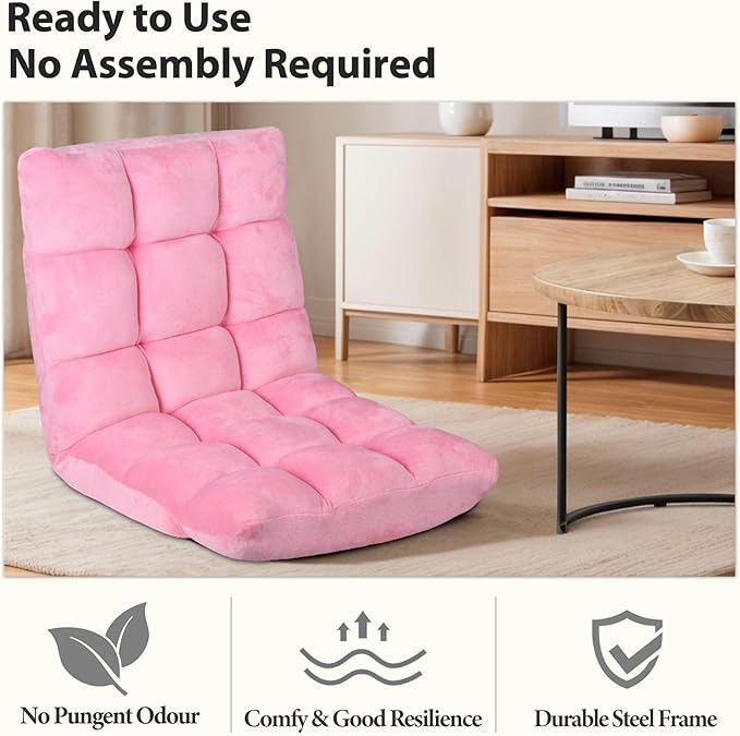 SUPER DEAL 14-Position Folding Floor Chair Gaming Sofa Cushioned Padded Reclining Bed Lounge Couch Seating for Comfy Reading, Reading, Gaming, Relaxing, Watching TV, Pink